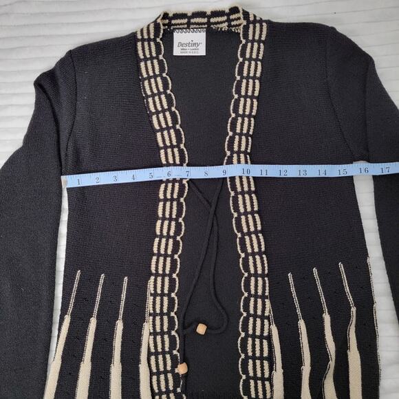 Destiny Milan London Cardigan S Black Cream Tie Front Long Sleeve Mod Knit Retro - Picture 5 of 7